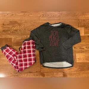Rae Dunn Dark Gray Plaid Pajama PJ Set Joy Peace Love Soft Comfortable